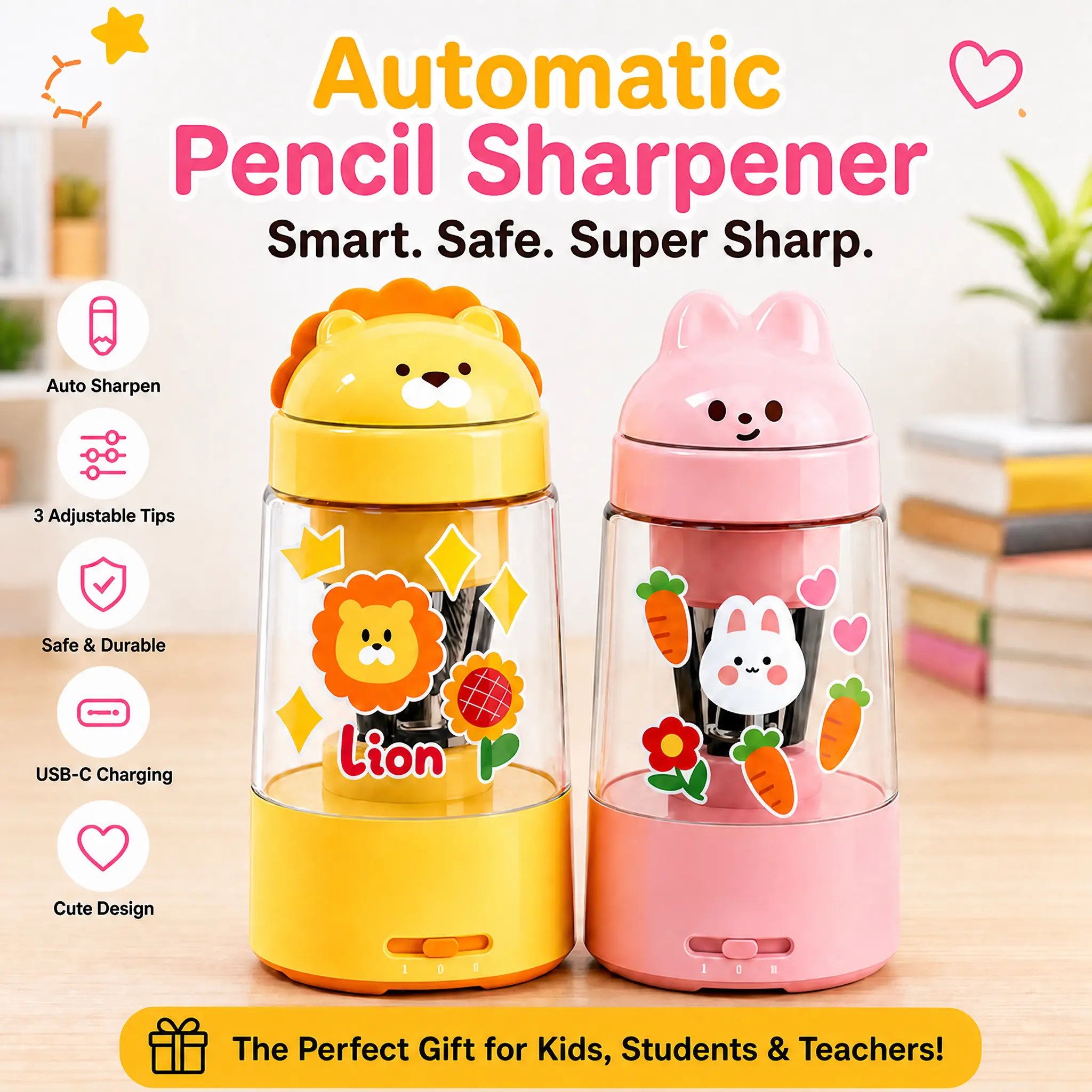 【Back To School】COMIX Fully Automatic Electric Pencil Sharpener - Rechargeable 1800mAh 3.7V, Hand-free Operation, In/Out Function, 6-8mm Pencil Fit, 3 Sharpness Settings, Adjustable Nibs, Kids-safe, Shaving Container, Ideal for Homework, Art Projects, Bac