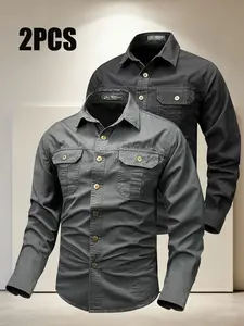 Men's Military Style Workwear Shirt Set, Matching Sets, Samurai Level, Dual Pockets & Metal Buttons, Wrinkle-Resistant Fabric, Versatile for Commuting/outdoor/xmas Party