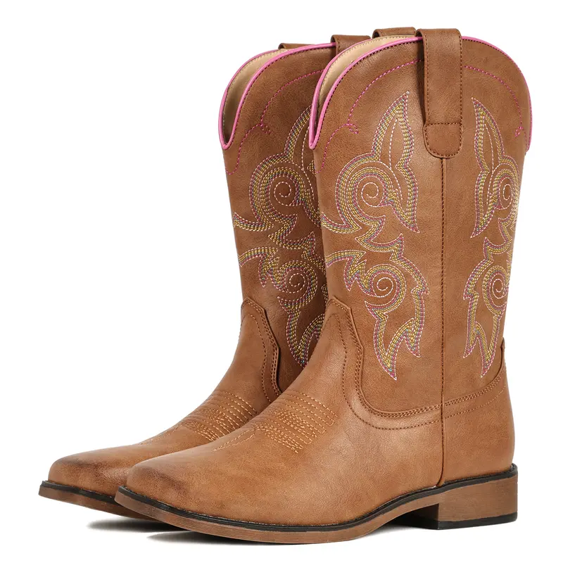 FIORALIE Color Block Leather Cowgirl Boots for Women Square Toe – Mid Calf ladies Western Cowboy Boots with Embroidery, Low Chunky Heel & Pull On Design. Wide Calf Friendly, Perfect for Country Concert, Rodeo, riding,Daily Outfits, Dancing