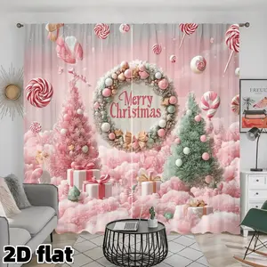 2D Flat 2Pcs Sweet Pink Christmas Curtains Candy Lollipop Wreath Pattern Semi Sheer Rod Pocket Drapes Festive Holiday Trees Print Window Treatment Panels for Living Room Bedroom Modern Home Decor Seasonal Gift Privacy Protection