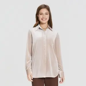 Women's Long Sleeve Collared Velvet Button-Down Shirt - Universal Thread Champagne S