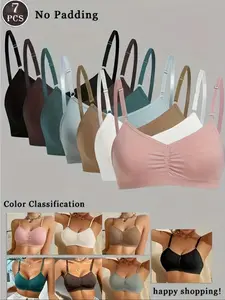 Women's Thin Lightweight Bra Set, Small Bust Push-Up No Underwire Medium Support Buckle Comfortable Breathable Triangle Cups, Casual Everyday Wear, 7 Pieces