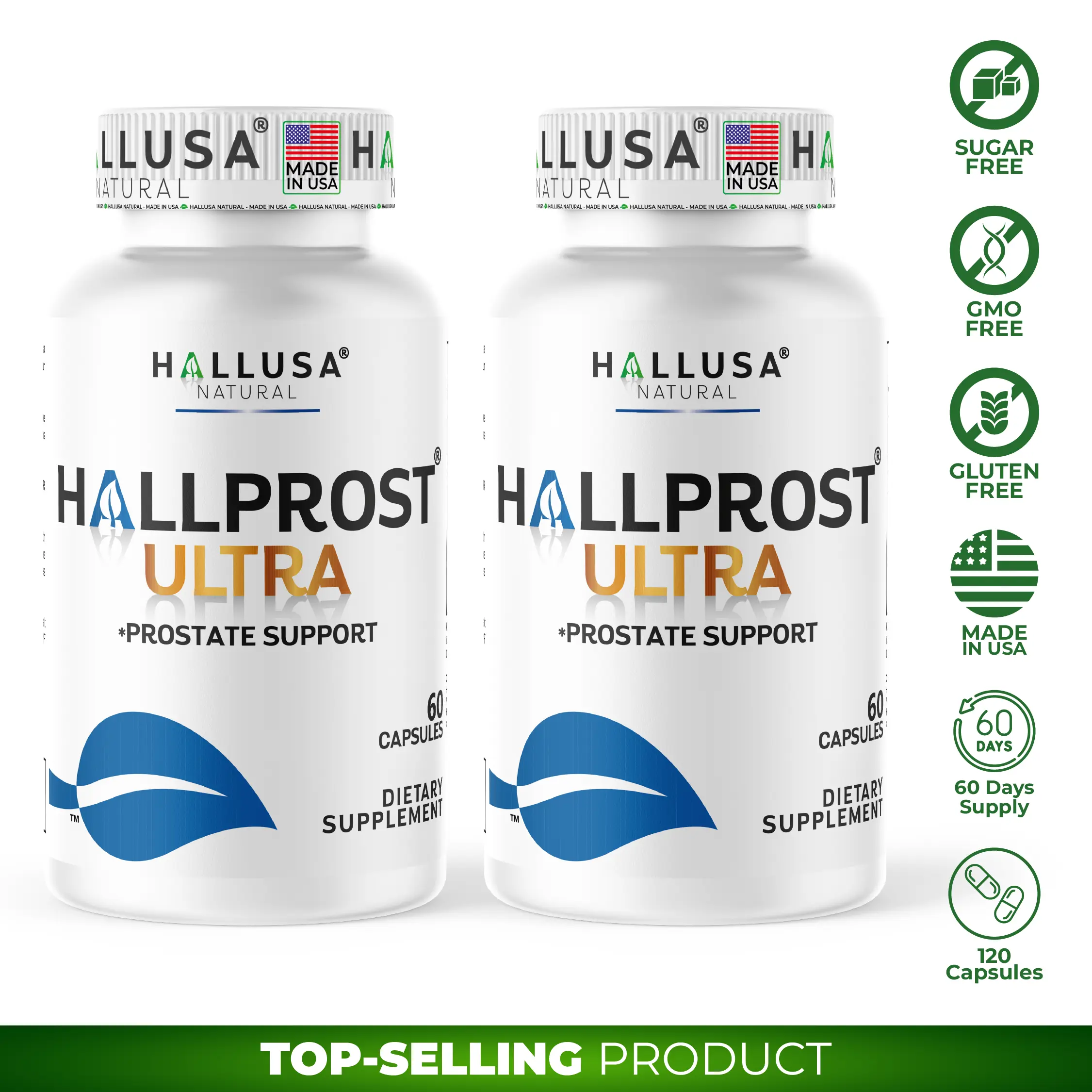 HALLUSA NATURAL Hallprost Ultra x 120 Cap Prostate Support - Vitamin E, Magnesium, Saw Palmetto, Pygeum Africanum, Pumpkin Seed - 2-Bottle Combo - Dietary Supplement for Men - Made in USA - Edible, Zinc Vitamins Supplements, Capsules Vitamins Supplements