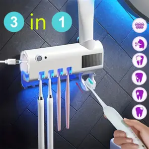 Automatic Toothpaste Dispenser Brush Holder, Modern Plastic Wall Mount USB Charging Bathroom Storage, Home Decor Gift for Friends, Toothbrush Holders