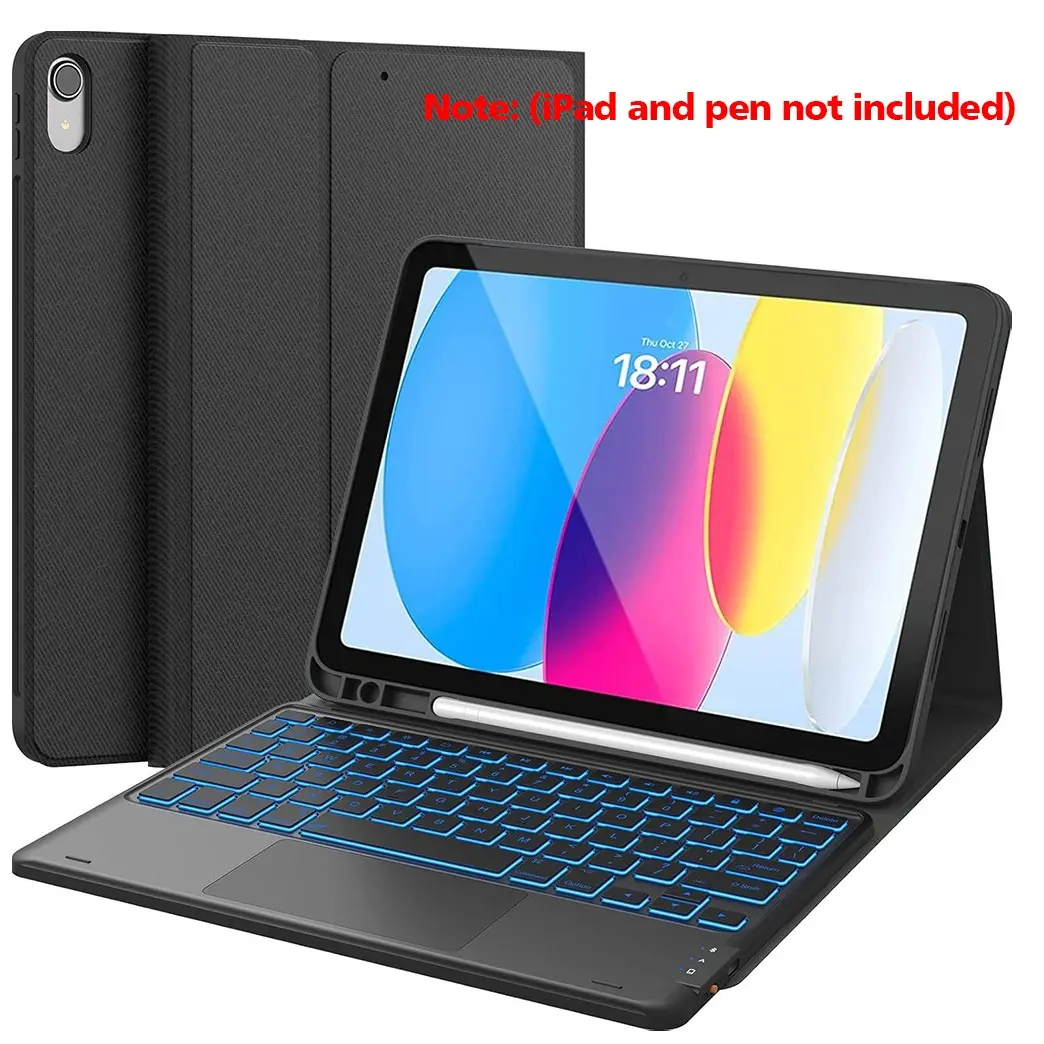 for iPad 10th Generation Case with Portable, Wireless, Touchpad Tablet Keyboard (10.9-inch, 2022), 7-Color Backlight, Multi-Touch Trackpad, Flip Stand with Pen Holder, 2 Bluetooth Channels, Black (iPad and pen not included)