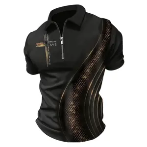 Christian Streetwear Men's Black Half-Zip Polo Shirt with Geometric Pattern & Gold Stripe Details for Stylish Outfits