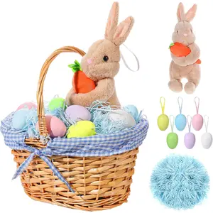 Easter Bunny  Basket, Include Wicker Basket with Liner Gingham, Easter Plush Bunny , Easter Eggs, Raffia Paper Grass, Easter Gifts for Picnic Party Decoration(Blue)