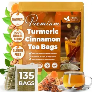 【FreshDrinkUS】 Premium 135 Turmeric Cinnamon Tea Bags, 100% Natural, Blend of Turmeric, and Cinnamon. Made with Natural Material Tea Bags. No Sugar. No Caffeine. Vegan.