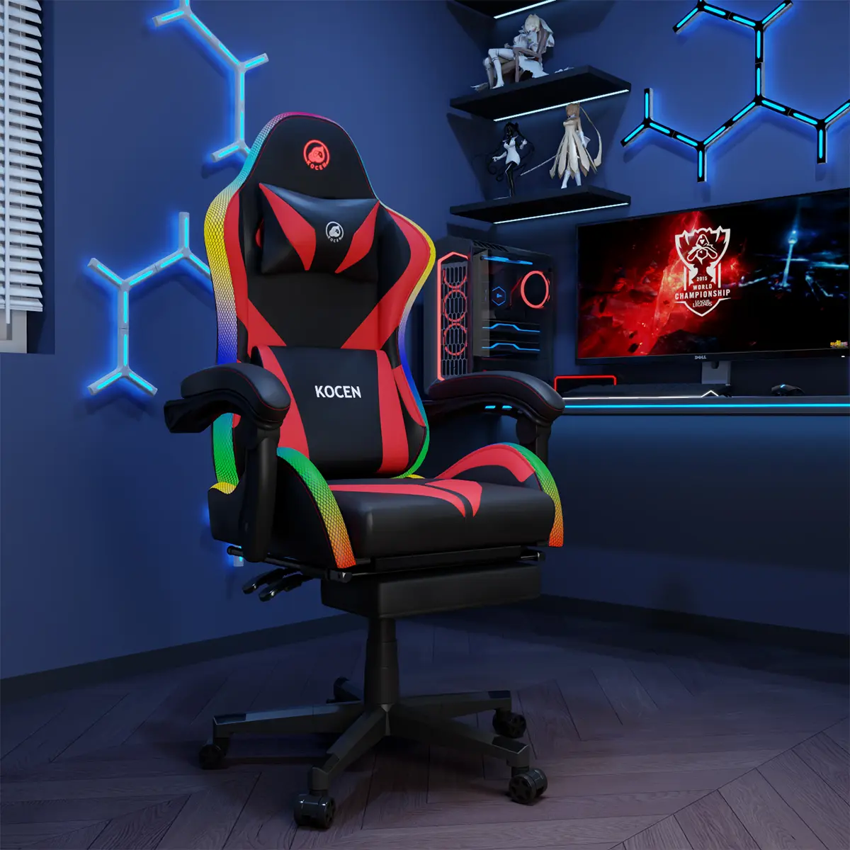 [New Year Flash Sale] KOCEN Gaming Chair , racing style RGB LED light gaming chair, equipped with a lumbar massager, high-back adjustable recliner, with footrest and headrest. Adult gaming chair, large high gaming chair,with sturdy class-4 gas lift.KC-35