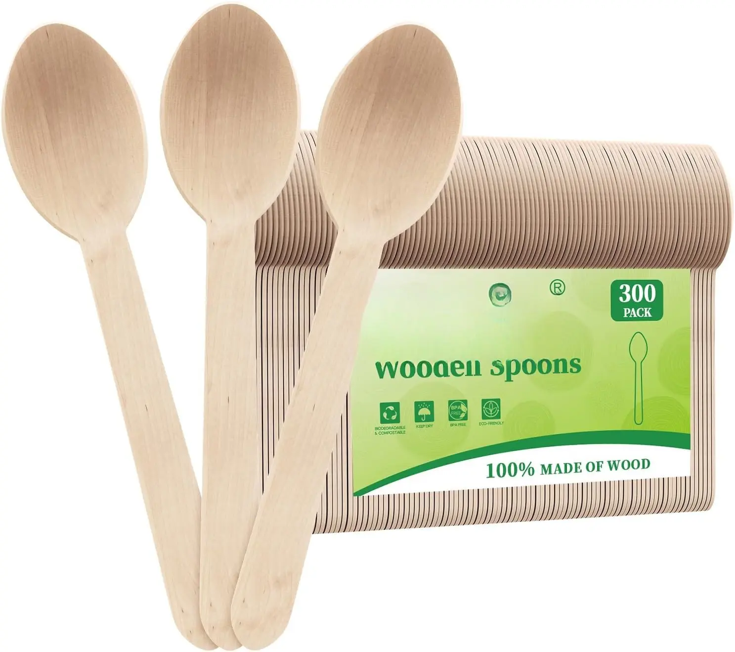 300 Count Wooden Disposable Spoons, Compostable Wooden Spoons for Party, Camping, Traveling, Family Dinners