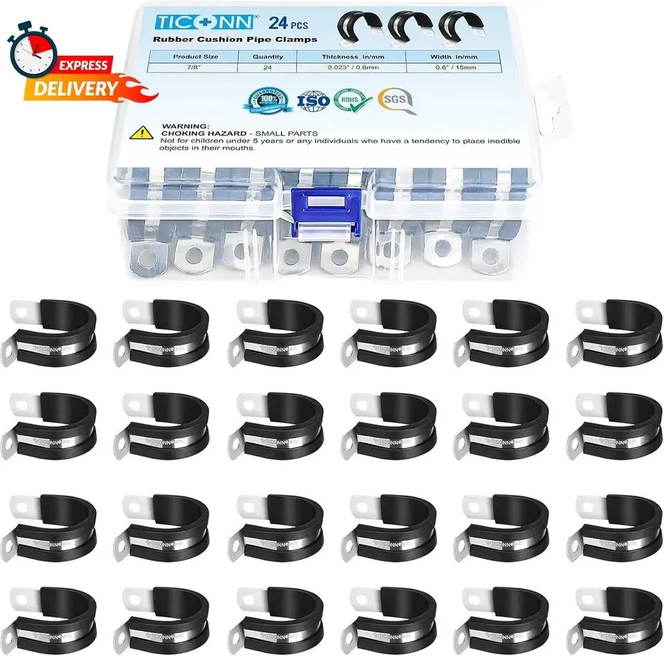 TICONN 24PCS 7/8" Cable Clamps, Rubber Cushion Pipe Clamps