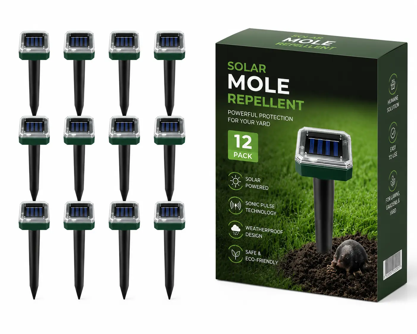 Mole Repellent 12 Pack Solar-Powered Snake Repellent Outdoor, Gopher Repellent for Lawn Garden Yard, Mole and Vole Repeller Waterproof, Effectively Repels Gophers Snake