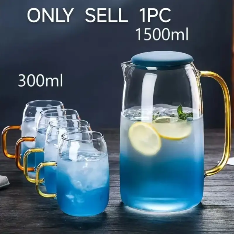 5PCS  Piece Glass Water Bottle and Cup Set Blue Elegant Luxury Drinkware with 1 Large Bottle and 4 Vibrant Glass Cups for Iced Tea Coffee Juice Dishwasher Safe Drinking Glassware