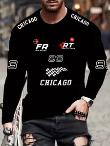 Men's Chicago Racing Flag Striped Casual Fitted Long Sleeve T-Shirt, Spring & Fall Fashion Round Neck 3D Print Tee