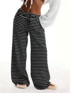 Women's high-elasticity black and white striped wide-leg pants, Bottom, Womenswear, casual loungewear, Streetwear, drawstring elastic waist, street style, summer beach pants, bohemian style, suitable for everyday wear, outings, Fit, Piece