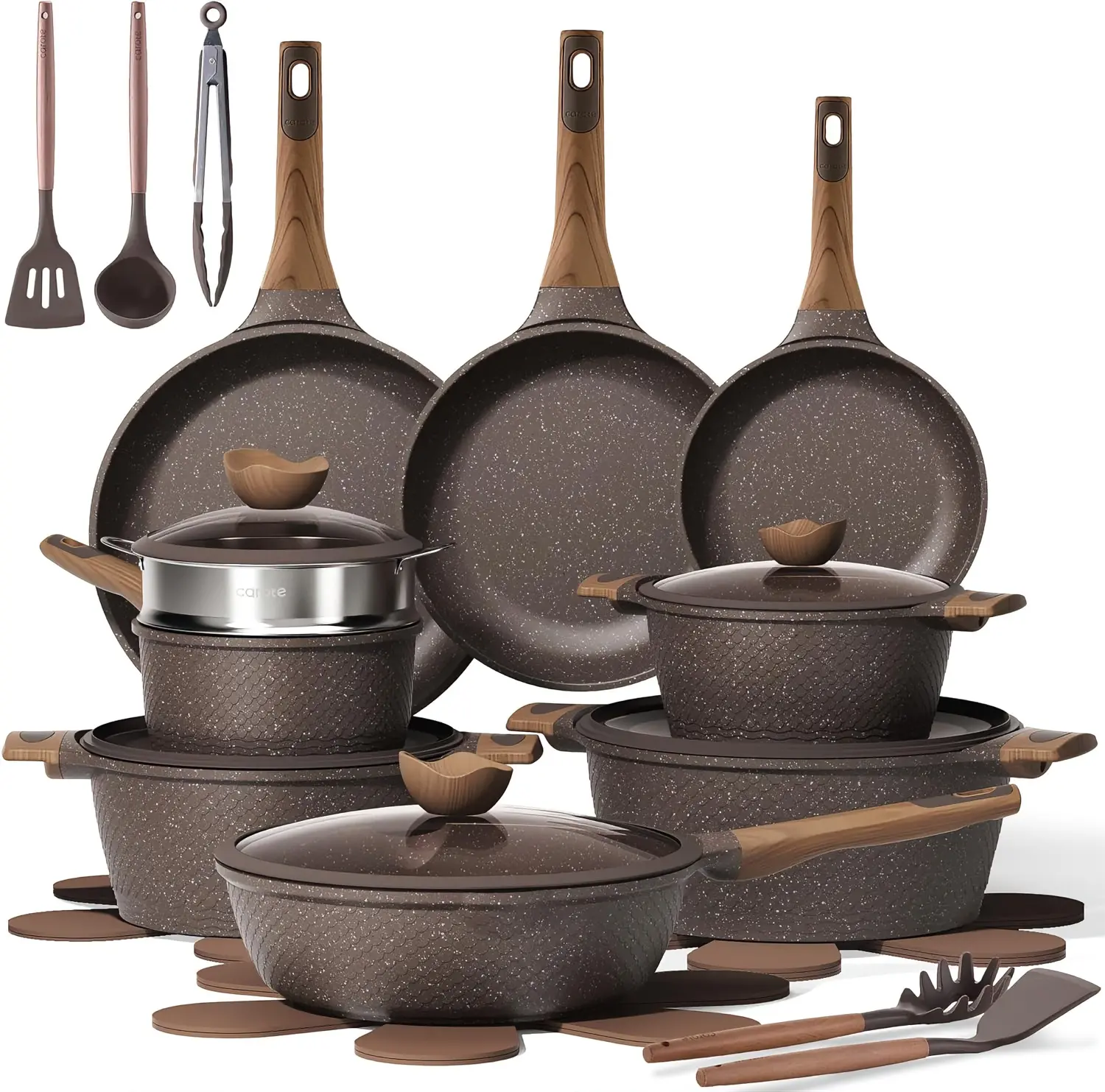 CAROTE 26PCS Multi-Size Round Pots and Pans Non-Stick Cookware Set - Induction Stove Compatible, Titanium-Reinforced, PFOA-Free for Home Cooking