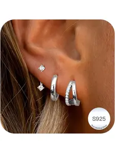 3 Pairs Earrings Silver 925 Set for Ladies 14K Gold Plated Small Studs Silver 925 Stackable Zirconia Helix Piercings Ear Gold Stud Earrings Hoop Earrings Set for Multiple Piercings Earrings Jewelry