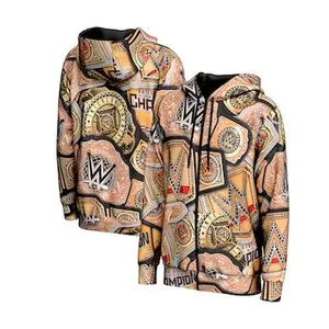 WWE Championship Gold Belt Full Zip Hoodie, Pro Wrestling Title Collage Graphic Jacket, Heavyweight World Champ Merch, Sporty Streetwear Gear