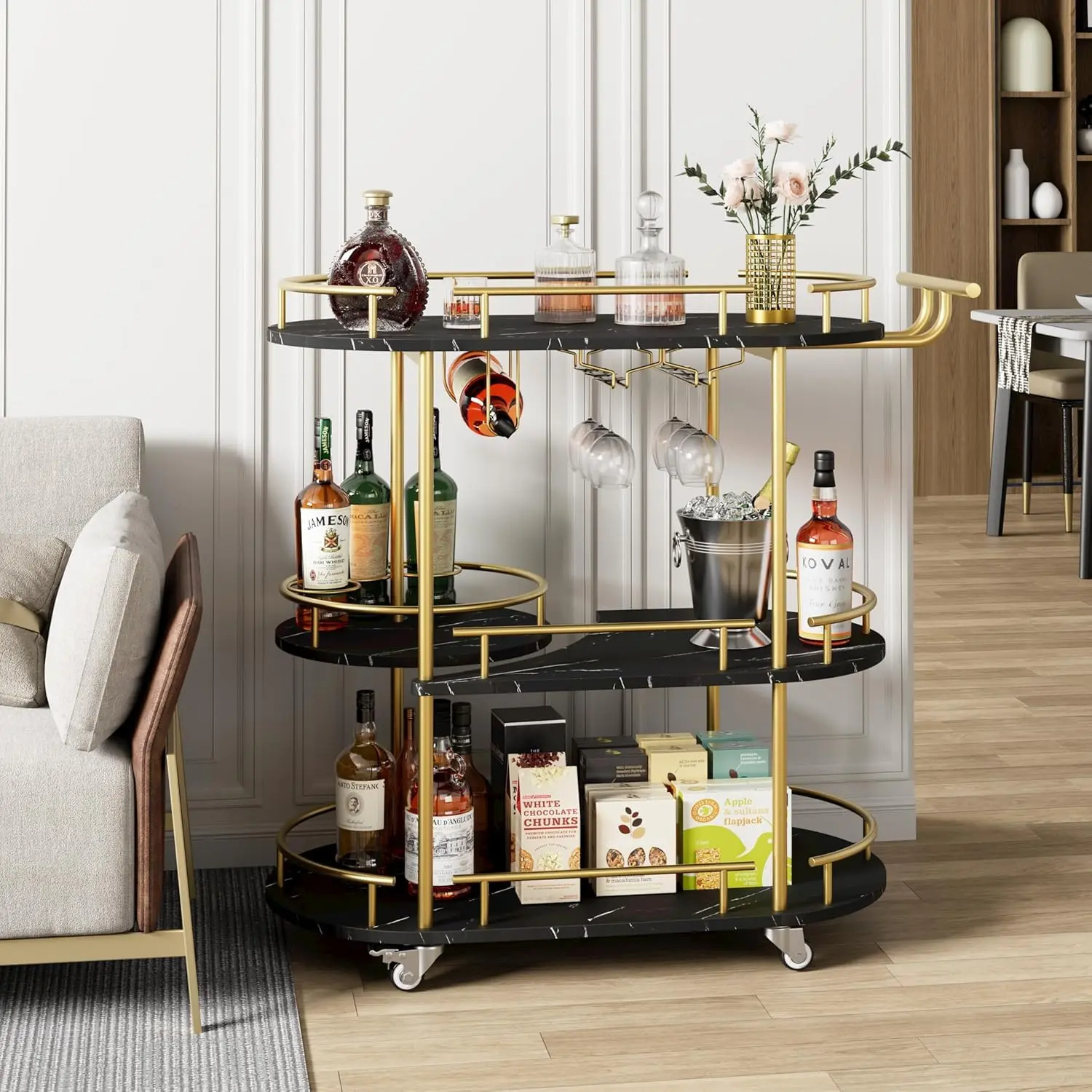 Garvee 3-Tier Bar Cart on Wheels with Wine Rack and Glass Holder, Metal Kitchen Utility Cart for Coffee Station, Mini Home Bar, and Dining Room - Gold and Black Finish,dorm essentials,home decor