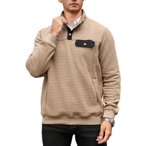 Wizoat Men's Quilted Sweatshirt Casual Waffle Stand Collar Button Pullover Sweatshirts Khaki