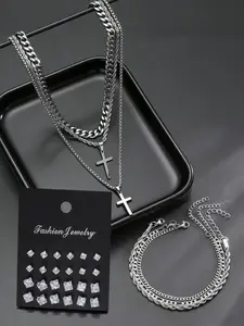 3/24/30pcs Punk Style Stainless Steel Fashionable Jewelry Set, Men Jewelry, Cross Necklace Bracelet Earrings, Casual Fashion Gift for Boyfriend Father Valentine's Day, Necklaces Earrings Set