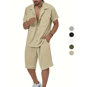 Men's Summer Short-sleeved Shorts Suit, Solid Color Lapel Shirt Casual Two-piece Suit