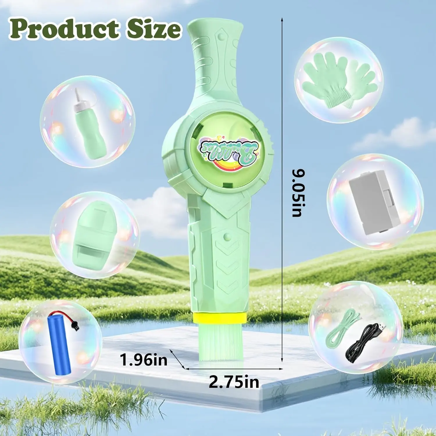 ONSHINE Handheld Rechargeable Party Bubble Machine - Environmentally Safe Fog Toy with Elastic Bubble Wand, Bubblewand, LED Lights, Glow + Sound Play, Rechargeable Battery for 12+ Age Group Outdoor Parties