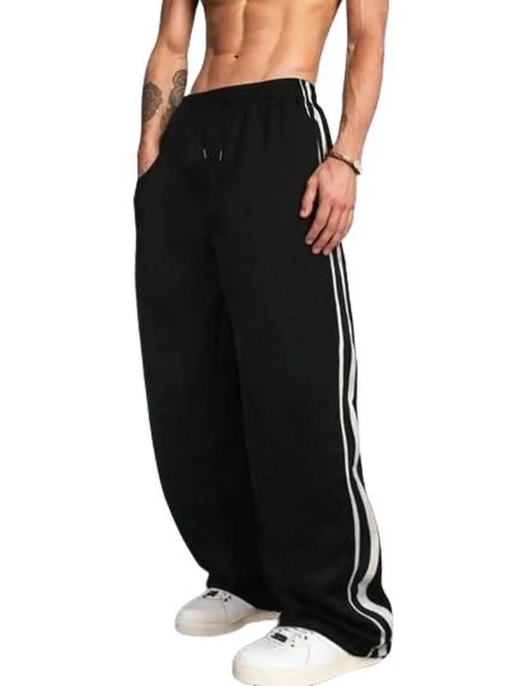 Freeship Men's Polyester Blend Baggy Jogging Pants - Casual Comfy Joggers, Solid Color, Straight Cut Sweatpants, Wide Leg Sweatpants, Pockets, Drawstring, Street-Style Gym Workout Summer Bottoms, Drawstring Pocket Men's Pants