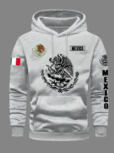 Men's Mexican Coat of Arms Graphic Print Hoodie, Pockets, Spring Fall Winter Casual Fitted Long Sleeve Sweatshirt, Street Style Daily Wear