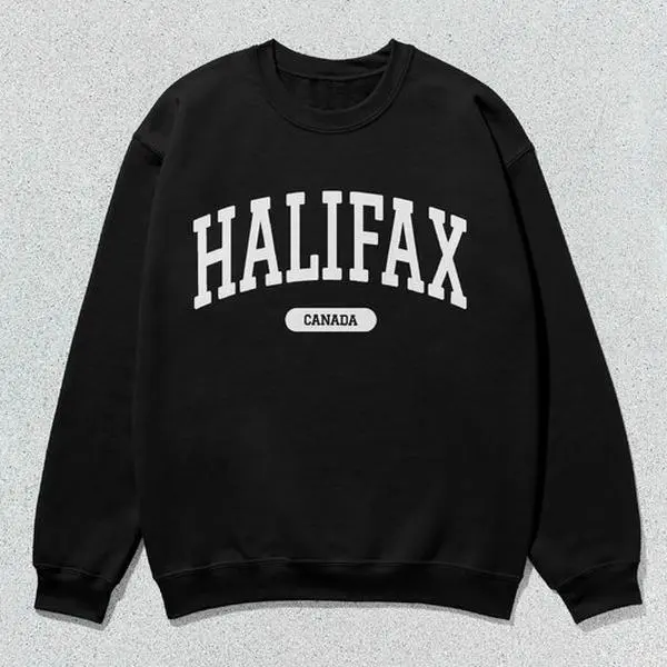Halifax Canada Crewneck Sweatshirt, Unisex University Style Collegiate Graphic Pullover, Casual Long Sleeve Top, Tops, Menswear, Minimalist, Slogan Print