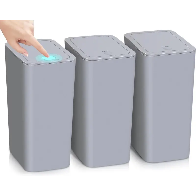 3 Pack Bathroom Small Trash Can with Lid,10L / 2.6 Gallon Slim Garbage Bin Wastebasket with Pop-Up Lid for Bedroom, Office, Kitchen, Craft Room, Fits Under Desk/Cabinet/Sink