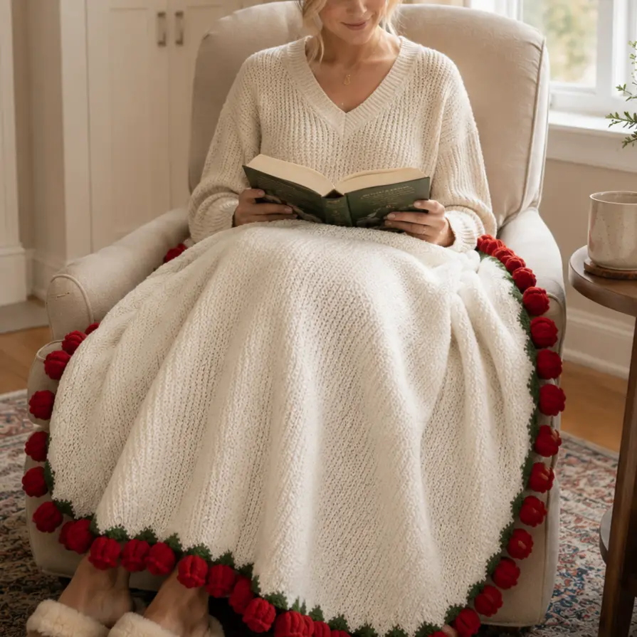 Decorative Lightweight Cozy Throw Blanket - 43in Round Hand-Crocheted Polyester Rose Blanket Bouquet, Convertible Home & Festival Gift, Decorative Blanket