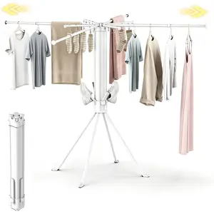 Clothes Drying Rack Foldable, Extending Laundry Drying Rack Collapsible with 16 Clips & 4 Shoe Pegs, 4-Legged Space-Saving Clothing Drying Stand for Indoor/Outdoor