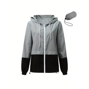 Color Block Hooded Windbreaker - Packable Women's Rain Jacket with Drawstring