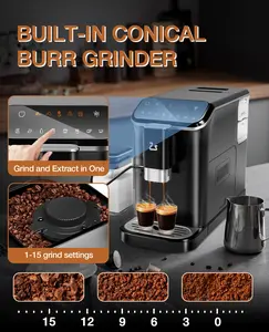 Fully Automatic Espresso Machine with Milk Frother, 20-Bar Coffee Maker with Built-In Grinder, One-Touch Brewing, Auto Cleaning & 1.5L Water Tank