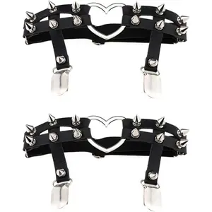 2PCS Gothic Studded Heart Garters Leg Ring Leg Elastic Punk Harness Garter Belt Adjustable Suspender with 2 Metal Clips – Black