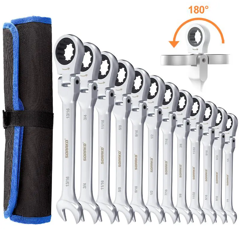 SORAKO 12-Piece SAE Combination Ratchet Wrench Kit, 1/4"-13/16" Chrome Vanadium Steel Heavy Duty Wrenches, Flex Head, 180° Rotation, Precise No Slipping, Roll Pouch for Outdoor Use, Heavy Duty Wrench