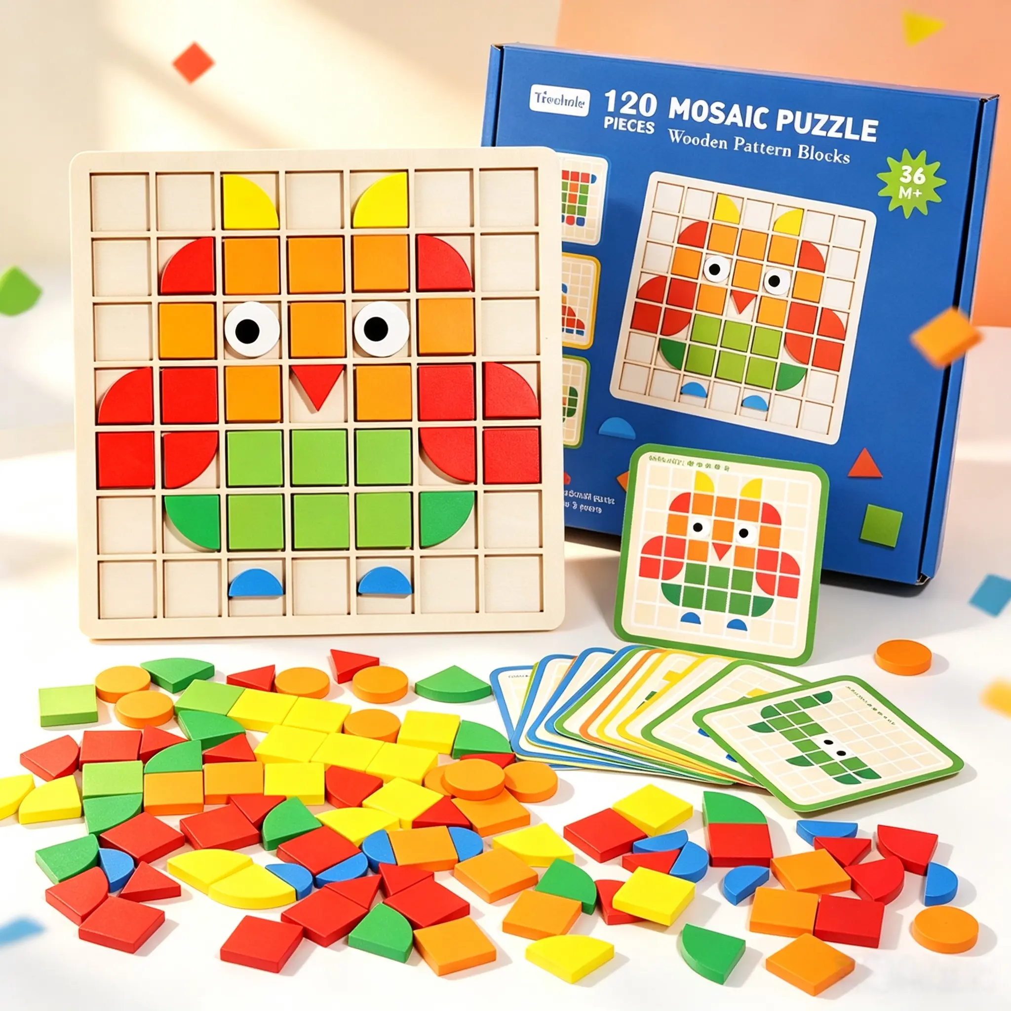 120PCS Wooden Mosaic Puzzle Game - Montessori Beginner Puzzle, Multicolor Geometric Shape Blocks Set with Design Cards, Ages 4+ Preschool Educational Toy, Kids’ Cool Gifts