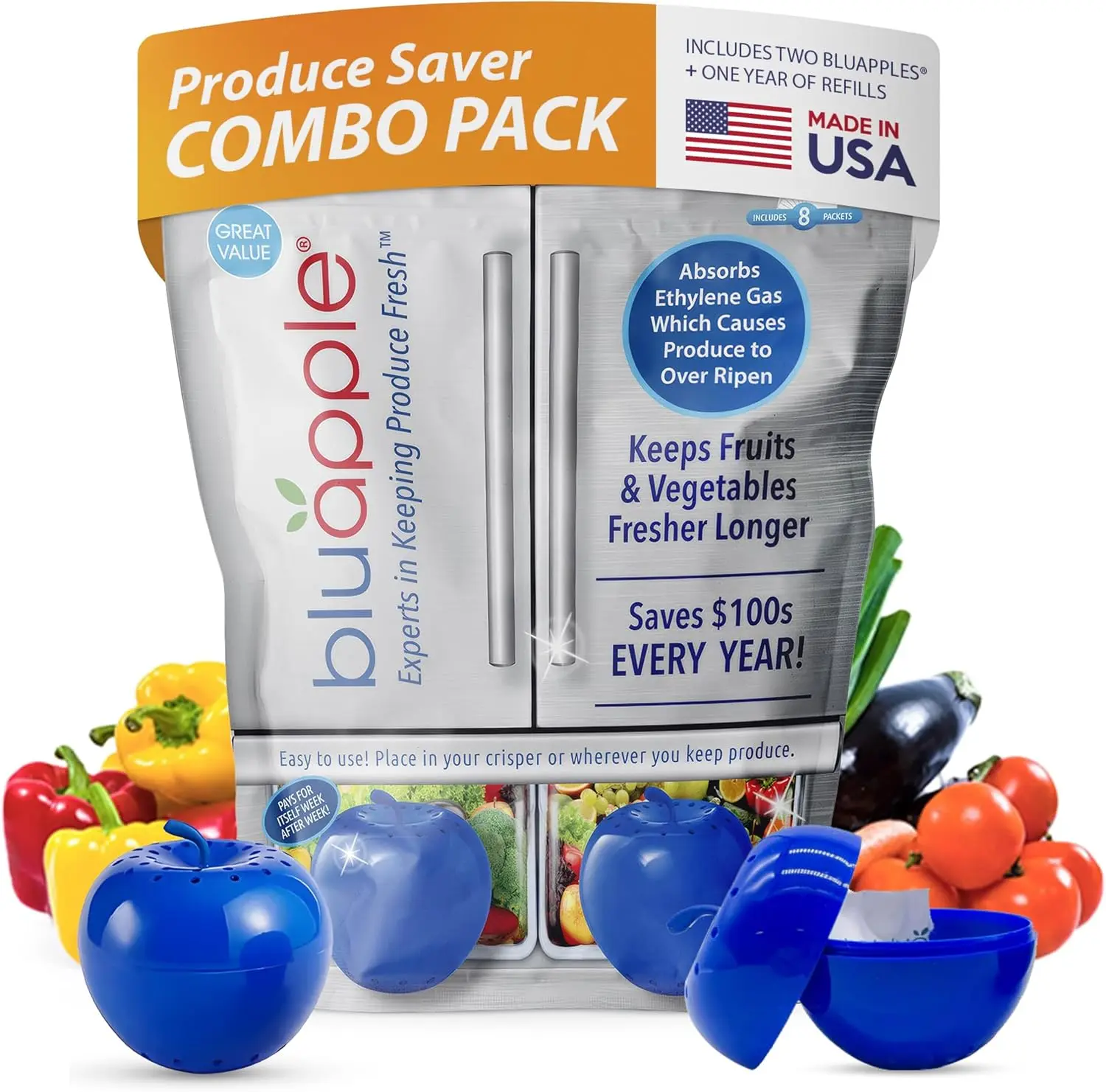 Bluapple Classic Combo Pack Produce Saver - 8 Refills & 2 Bluapples - Absorbs Ethylene Gas - Eco-Friendly Freshness Solution - Made in USA