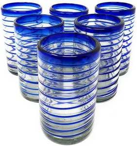 Cobalt Blue Spiral Design Drinking Glasses - Set of 6 (14 oz each)