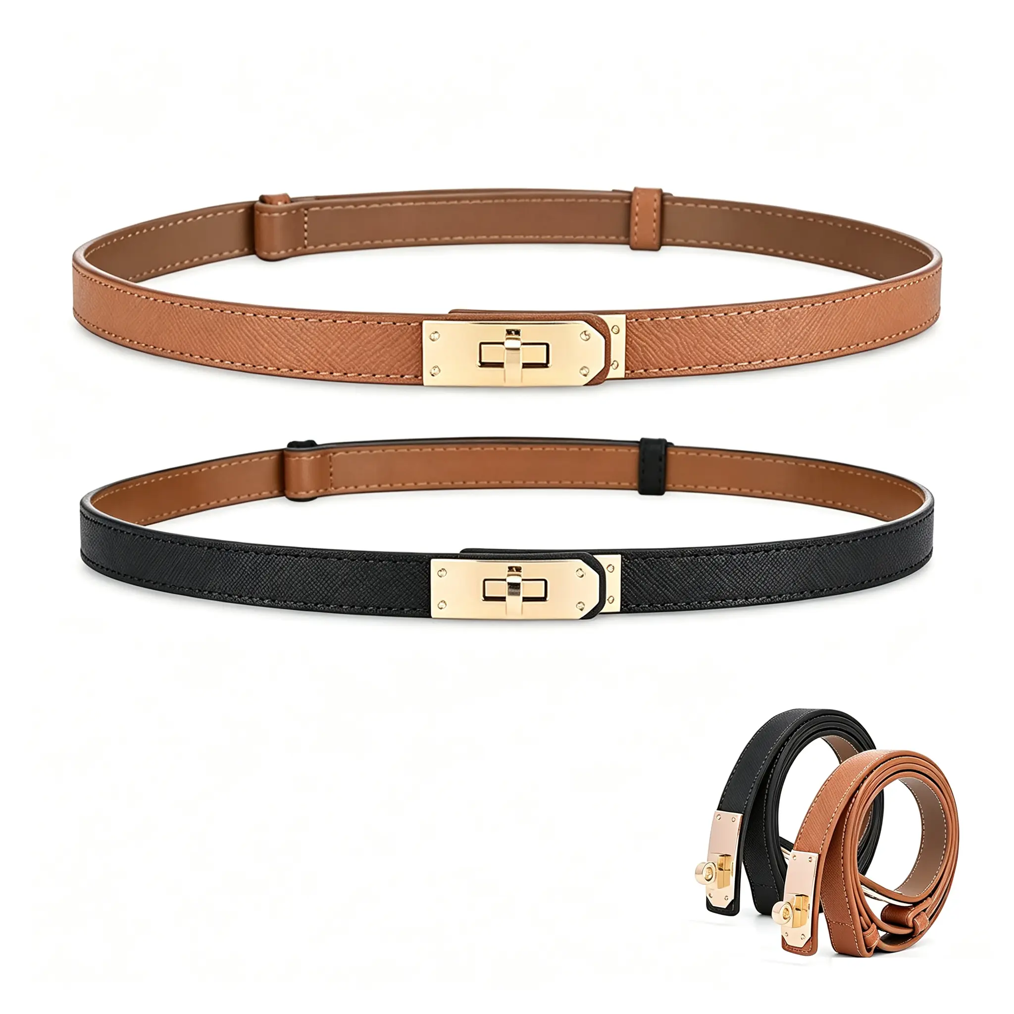 Women's Heavy Duty Skinny Leather Waist Belt - Adjustable Size, Golden Lock Buckle, Ideal for Prom/Wedding Dresses, Jeans