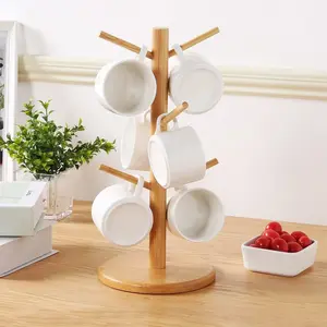 Mug Holder Tree Coffee Cup Holder with 6 Hooks in Yellow Wooden Design Organizer for Kitchen Storage Durable and Practical Bamboo Wood Stand Hanging