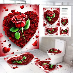1/4pcs Romantic Red Rose & Heart Bathroom Curtain Set - Large Heart Rose Shower Curtain, 2 Matching Bath Mats, Toilet Cover - Valentine's Day Love Theme Decor, White Background with Red Hearts & Green Leaves, Shower Curtain Sets