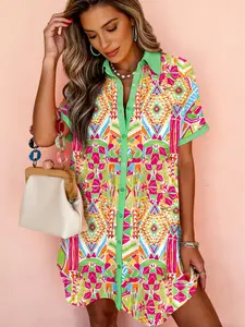 Women's Casual A-Line Button-Front Short-Sleeve Shirt Dress - Loose-Fit, Smooth, Lightweight, Breathable, Comfortable Multicolor Polyester Print Fashion Piece for Casual Wear Outfits, Easy-Care