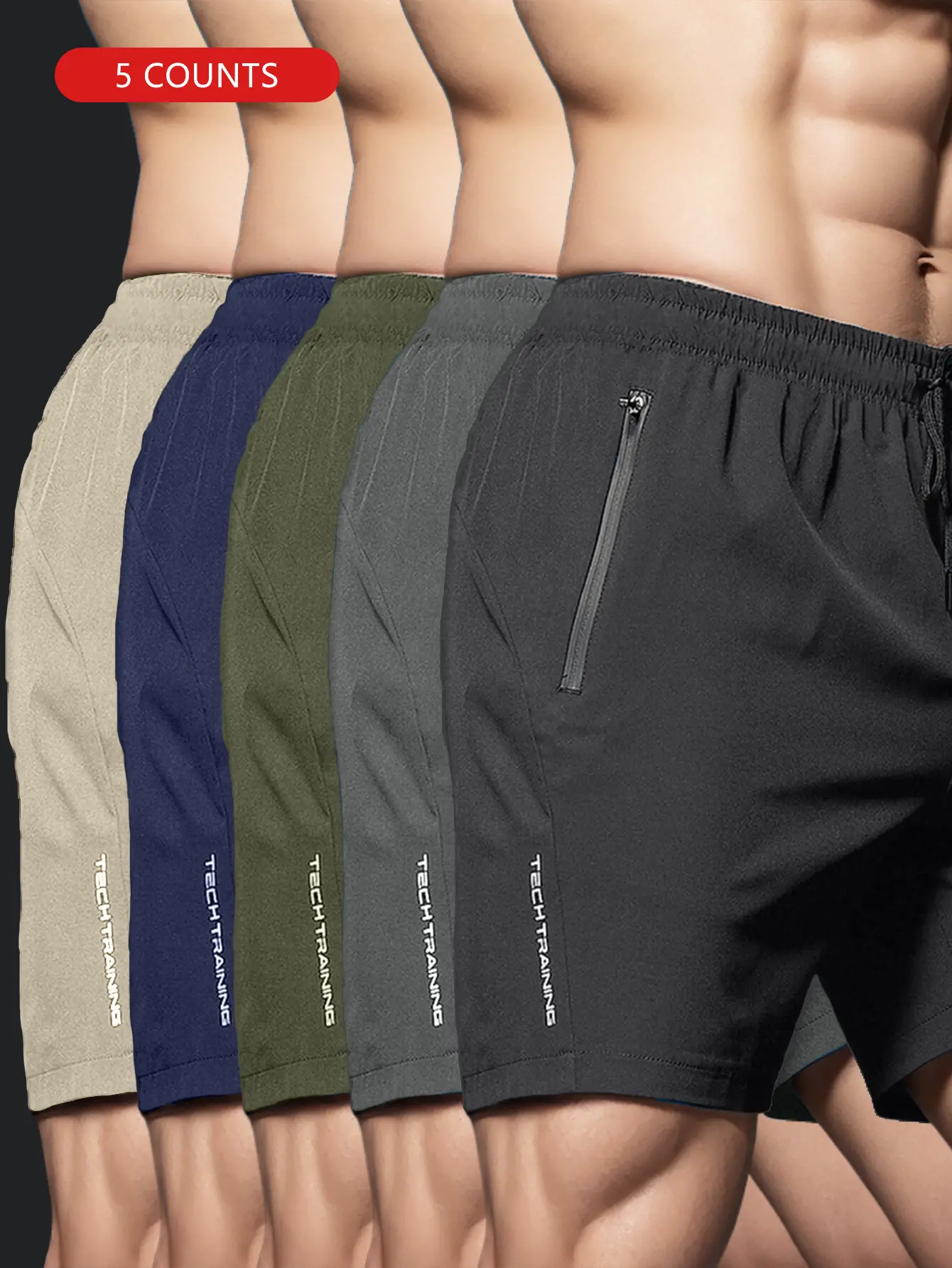 5pcs Men's Quick-Dry Swim Trunks with Zipper Pockets & Reflective Strips - Ice Cool Instant Cooling Fabric, Elastic Waistband, Drawstring, Perfect for Beach & Outdoor Activities  Active Swimwear | Quickdry Trunks | Polyester Elastane Blend