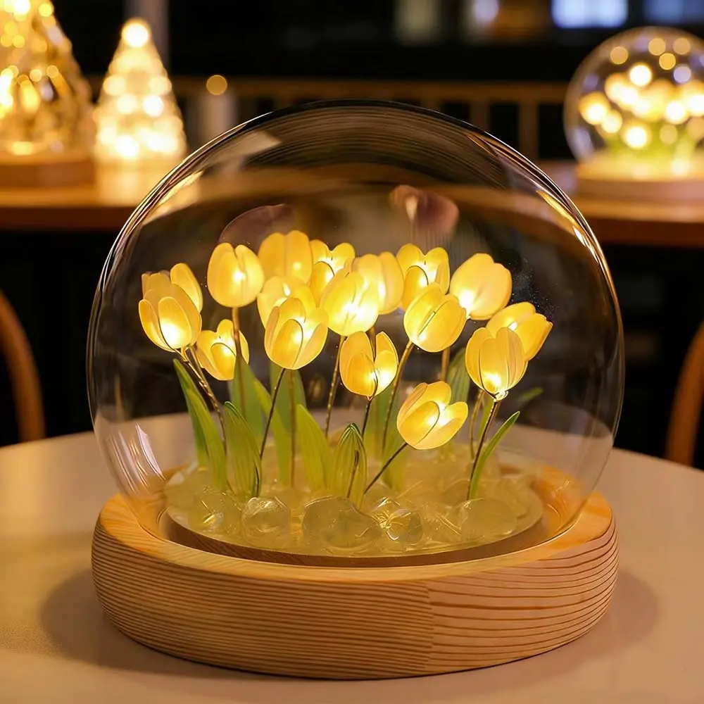 Handmade DIY Yellow Tulip Small Glass Flower Fairy Night Light with Wooden Base - Elegant Home Decor, Thoughtful Womens Gifts for Mom Sister Grandma Birthday Christmas Ambiance Enhancement