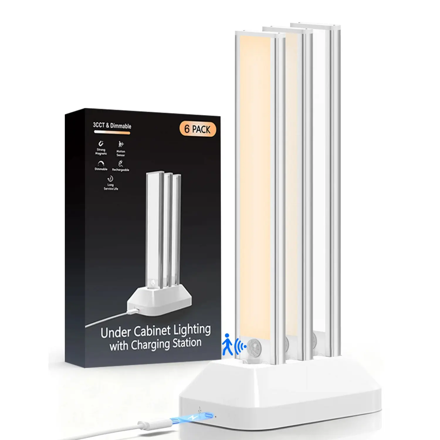 MATULSA 3-Pcs Under Cabinet Motion Sensor Lights, 8/10/12/14in Cordless Rechargeable USB Lamps with Charging Station, ABS-Aluminium Build, 3 Color Temperatures (Incl. Cool White Light), for Kitchen Home Improvement Under Cabinet Use, Batteries