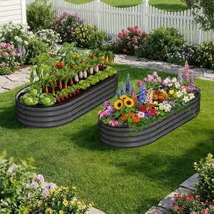 2-piece galvanized raised garden bed, outdoor planting bed, oval planting box raised bed, with rubber anti-cut edge trim, suitable for growing vegetables, flowers, and herbs