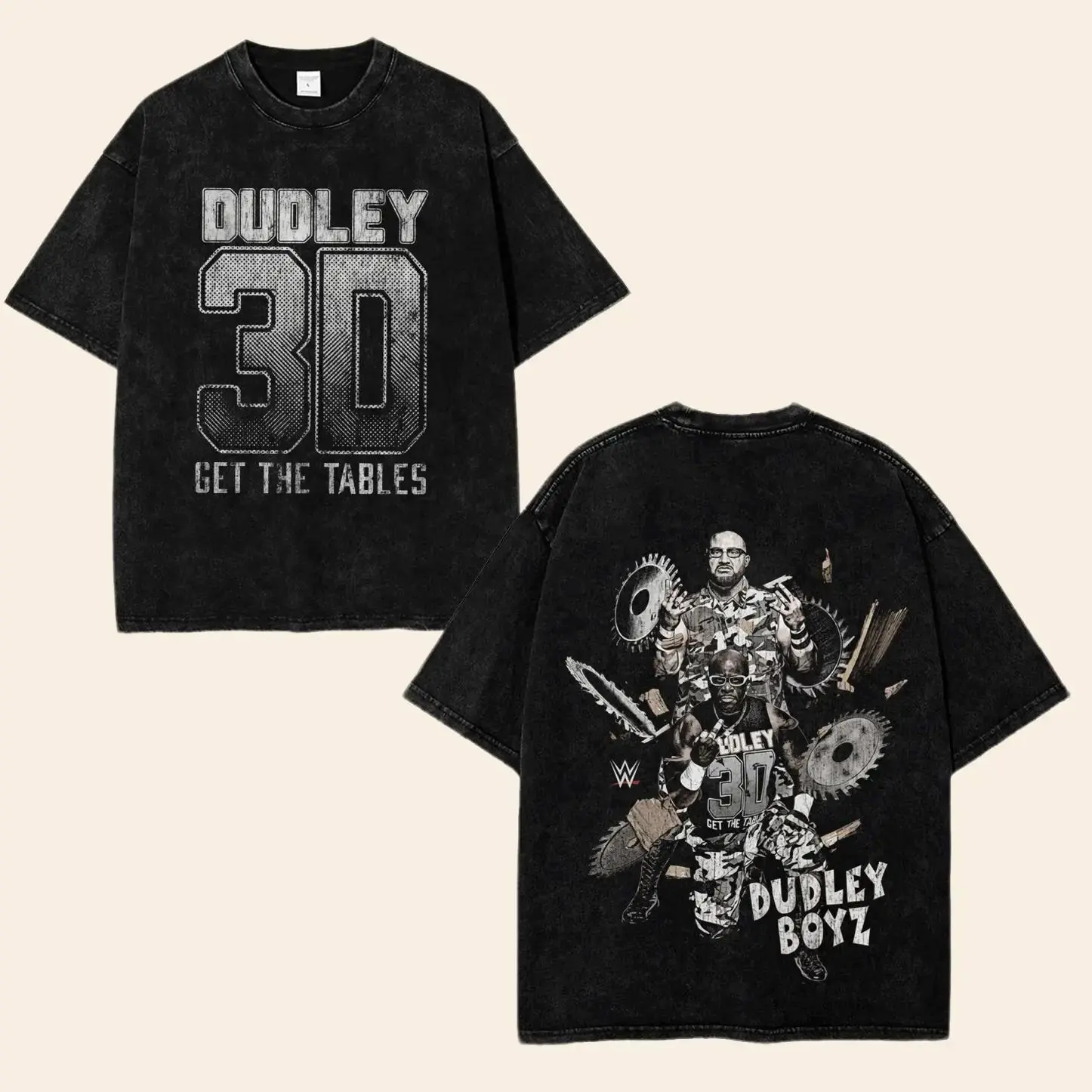 Dudley Boyz 3D Get The Tables Retro Washed Black T-Shirt WWE Tag Team Wrestling Shirt Vintage Streetwear Graphic Tee Oversized Unisex 100% Cotton Top S-5XL