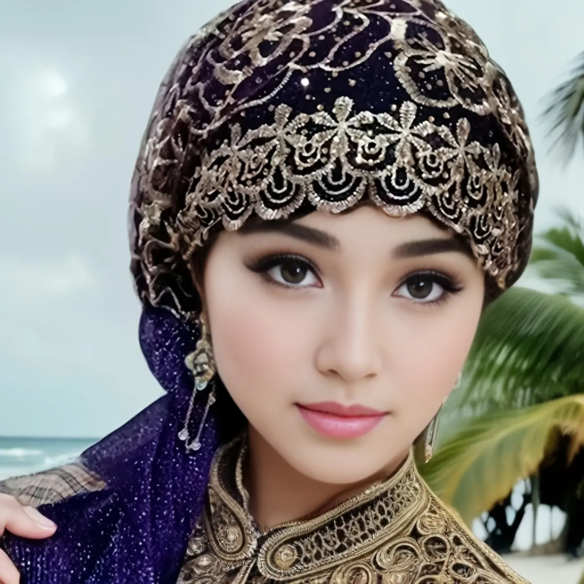 1pc Ethnic Headscarf Ladies Tie Scarf Beauty Gauze Hat Scarf, Gauze Veil Rose Muslim Elegant Double Elastic Headscarf with Golden Pattern and Tassel-hand Washable,